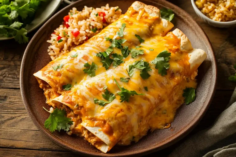 A plate of creamy chicken enchiladas with melted cheese and toppings