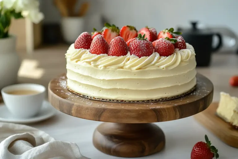 A freshly baked vanilla cake with buttercream frosting, topped with strawberries.