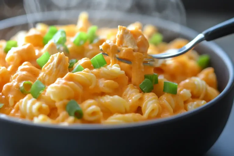 A bowl of creamy Buffalo Chicken Pasta with garnishes.