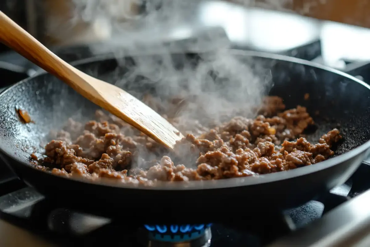 Ground beef sizzling in a skillet with garlic and ginger.