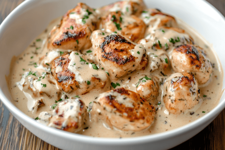 uicy grilled chicken bites covered in creamy garlic sauce on a plate