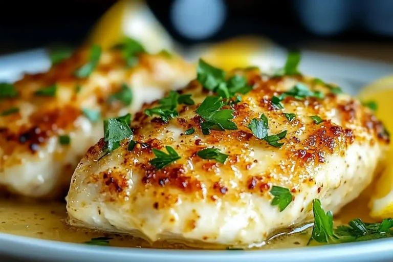 A crispy Parmesan Crusted Chicken fillet with parsley and lemon