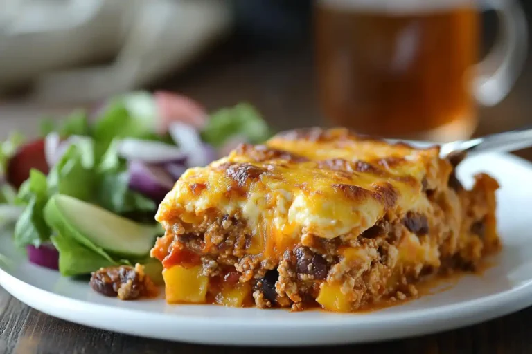 freshly baked Easy Cowboy Casserole with crispy tater tots and melted cheese