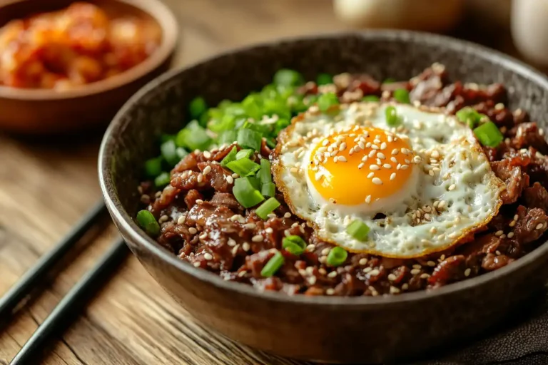 A delicious Korean Beef Bowl topped with sesame seeds and a fried egg.