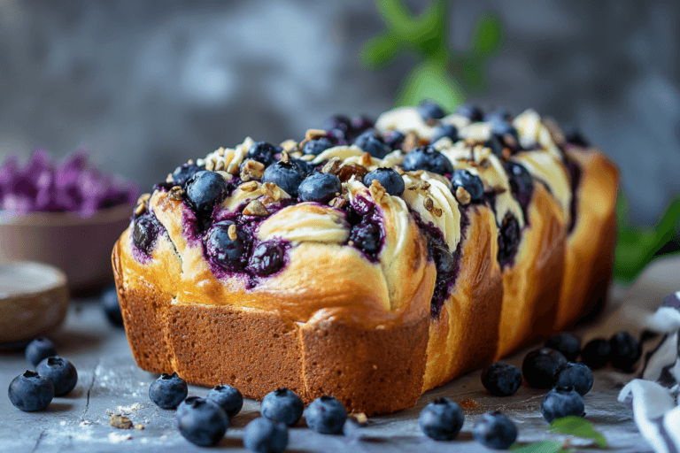 Golden-brown Blueberry Cream Cheese Bread with cream cheese