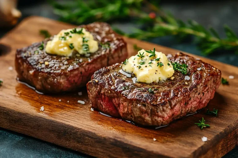 Sirloin steak with garlic butter on wooden board in rustic kitchen