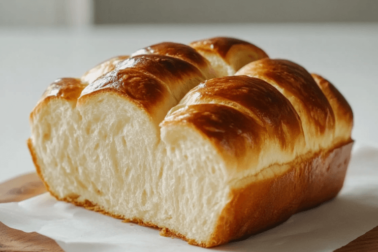 A freshly baked brioche loaf with a golden crust, resting on a wooden cutting board in a modern kitchen.