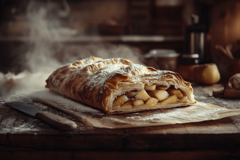 A freshly baked apple strudel with a flaky crust and warm apple filling
