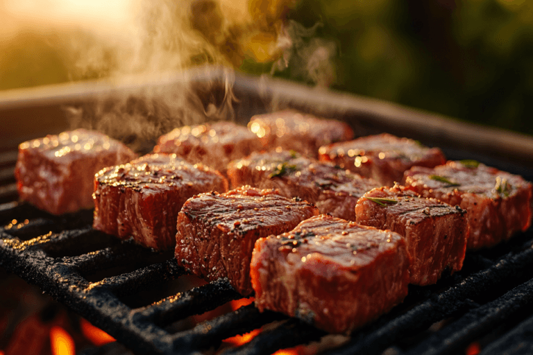 Grilled cube steak served with sides like mashed potatoes and salad