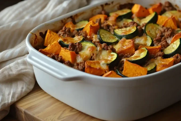 Baked ground turkey sweet potato casserole in white dish
