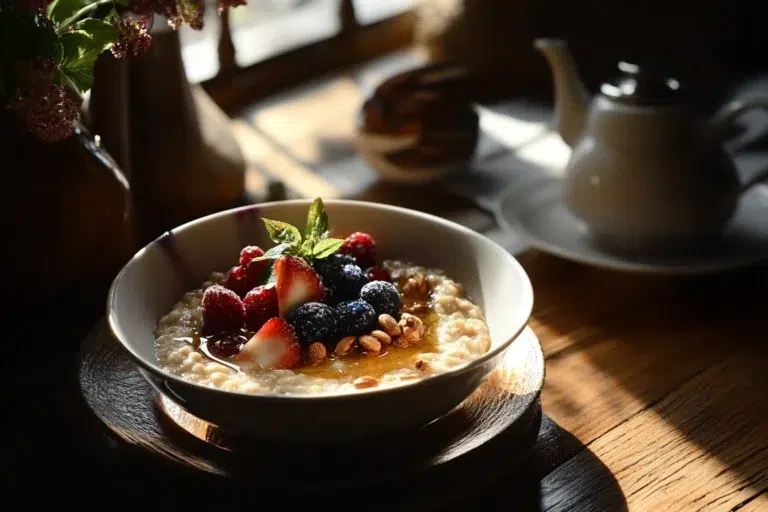 A bowl of healthy homemade oatmeal with berries and nuts.