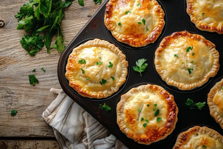 Overhead view of golden mini chicken pot pies in a muffin pan