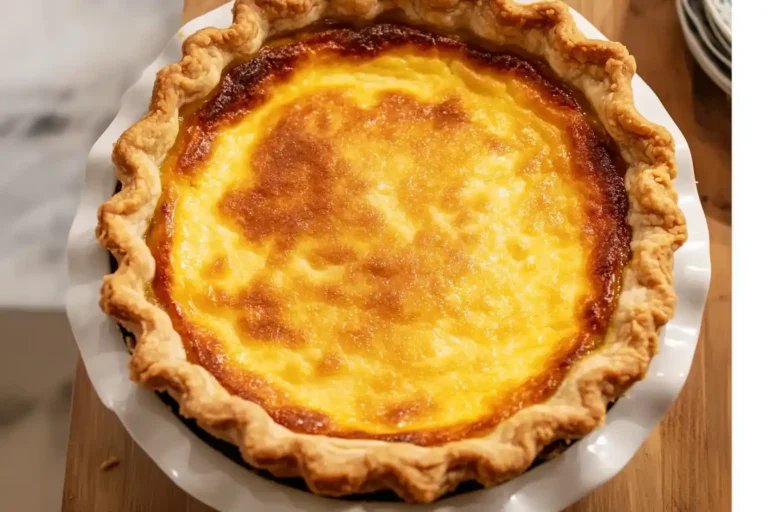 Whole Old-Fashioned Custard Pie on wooden table