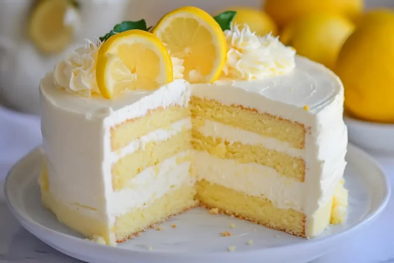 A creamy Lemon Cheesecake Cake with lemon slices on top.