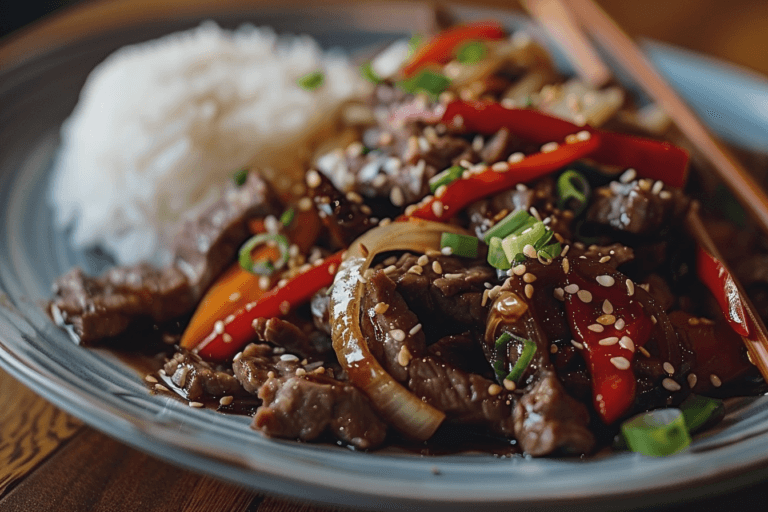 A plate of beef stir fry served with rice, garnished with sesame seeds and scallions.