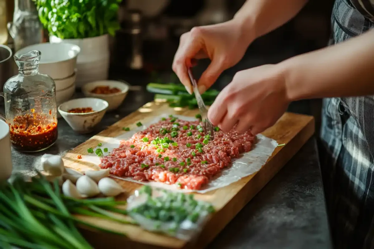 Chopped green onions and minced garlic on a wooden board.