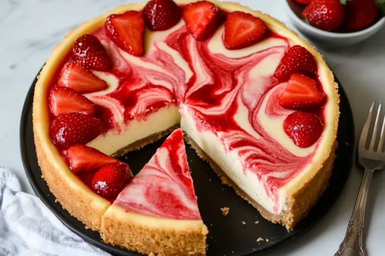 A whole Strawberry Swirl Cheesecake topped with fresh strawberries and whipped cream, sitting on a white cake stand.