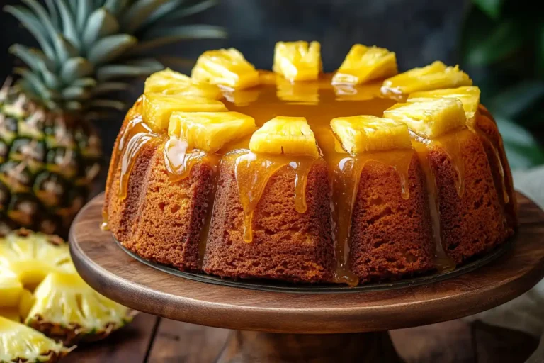 Freshly baked Pineapple Juice Cake with glaze and pineapple slices