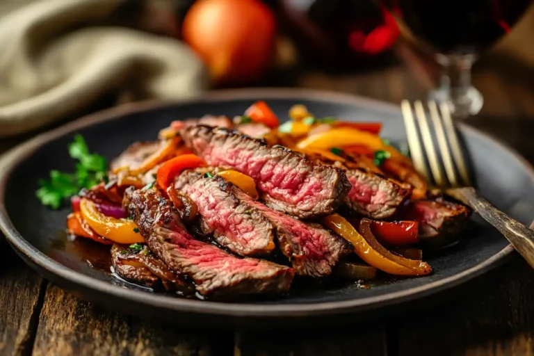 A plated steak dish with caramelized peppers and onions, ready to serve