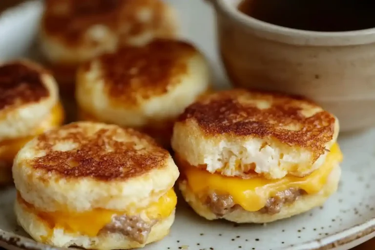 stack of Mini McGriddle Bites served on a white plate with syrup drizzled on top