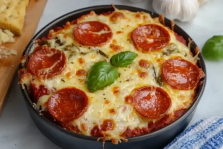 Overhead view of a low carb crustless pizza bowl topped with melted mozzarella and basil