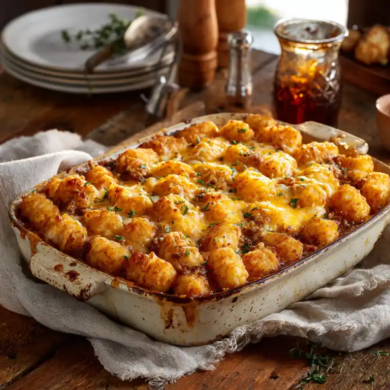 Easy Family Tater Tot Casserole in baking dish