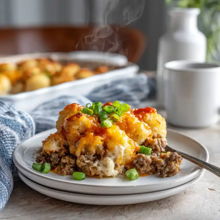 Served portion of Easy Family Tater Tot Casserole