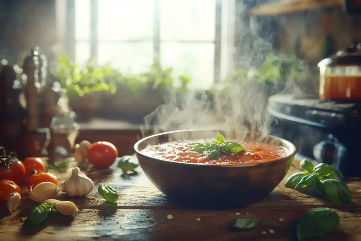 Steaming creamy tomato basil soup in rustic farmhouse kitchen