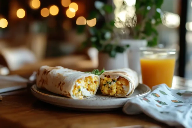 Kid-sized breakfast burritos sliced open on a breakfast plate