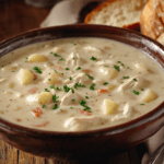 A bowl of chicken potato soup served hot with bread