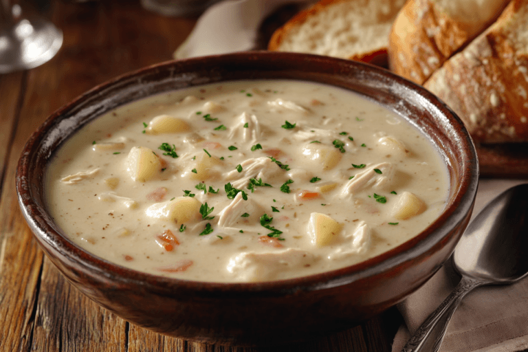 A bowl of chicken potato soup served hot with bread