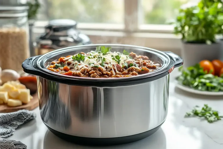 A steaming crockpot filled with hearty turkey chili