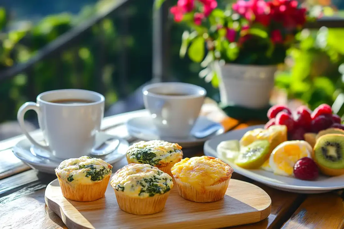 Brunch table setup with egg cheese spinach muffins and coffee