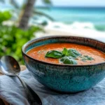 A bowl of creamy tomato basil soup served on a wooden table by the sea