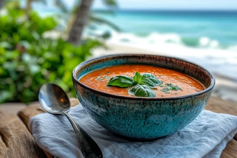 A bowl of creamy tomato basil soup served on a wooden table by the sea
