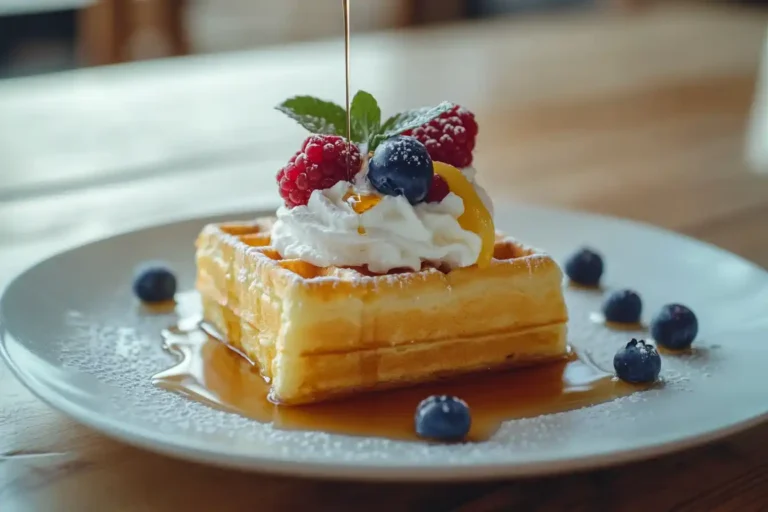 Golden stack of lemon ricotta waffles with whipped cream and berries