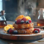 Plate of Americanized French toast topped with honey, berries, and orange zest