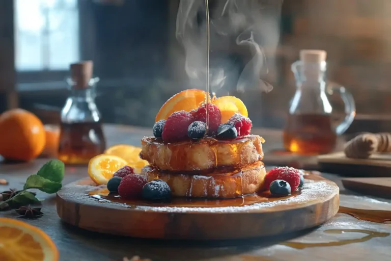 Plate of Americanized French toast topped with honey, berries, and orange zest