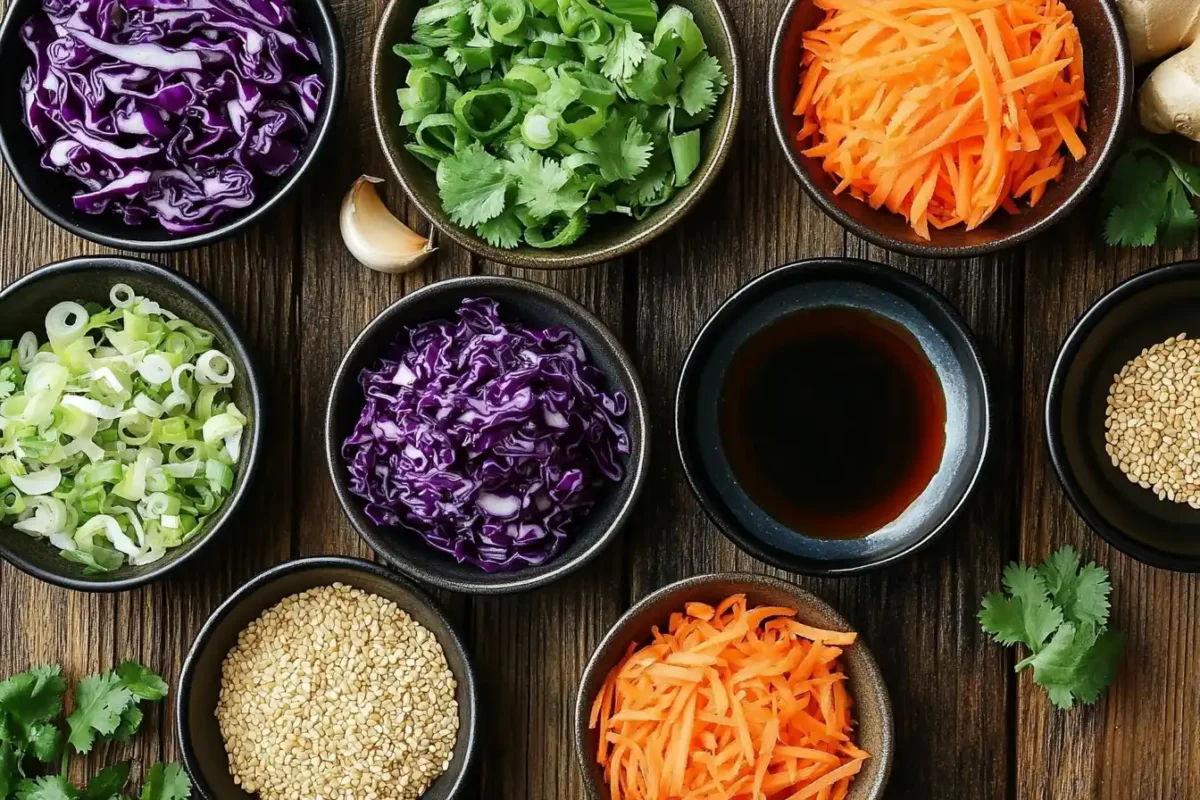 Colorful fresh ingredients for cabbage and carrot slaw on a kitchen table