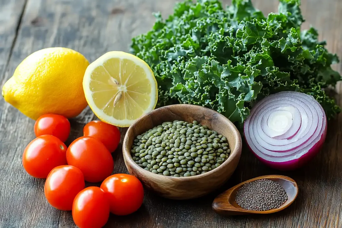 Colorful ingredients for making kale and lentil salad on a kitchen tabl