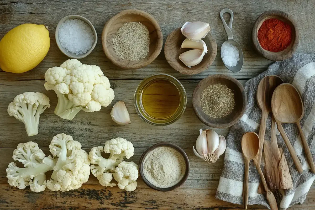 Ingredients for roasted cauliflower with tahini sauce on a wooden surface