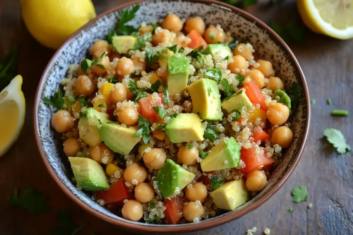 quinoa chickpea and avocado salad served fresh in a bowl