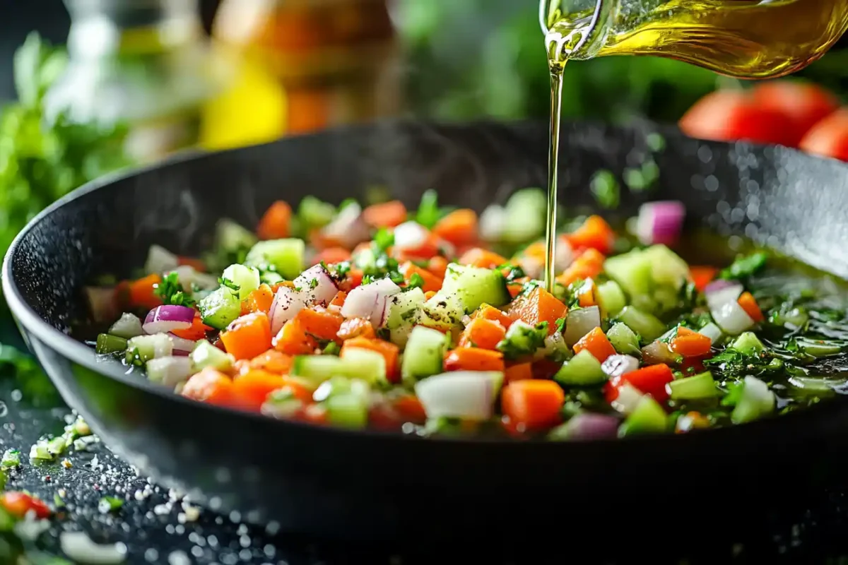 Colorful diced vegetables cooking for creamy tomato basil soup in a pot