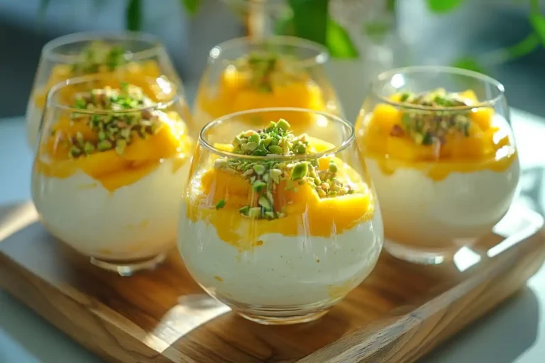 Mango cream dessert topped with pistachios and mint in glass cups