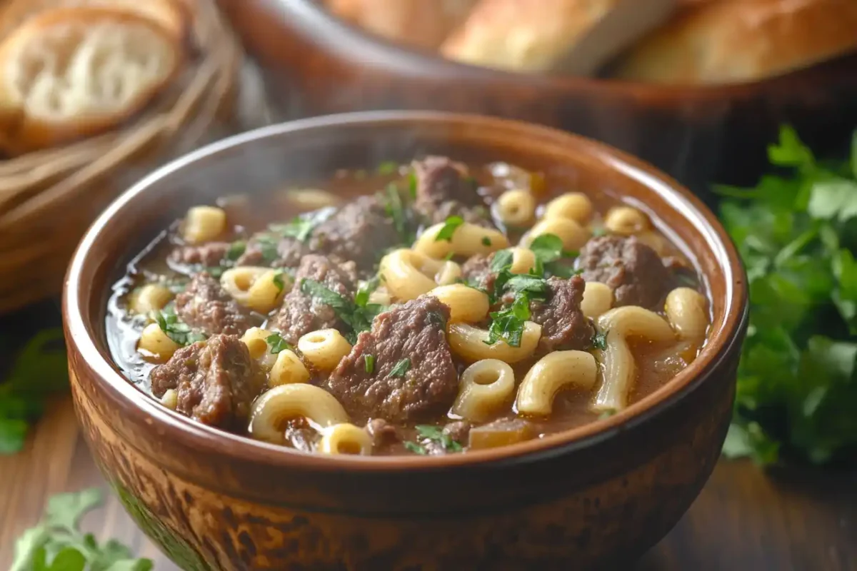 Hearty Beef and Macaroni Soup in a rustic setting with bread