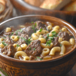 Hearty Beef and Macaroni Soup in a rustic setting with bread