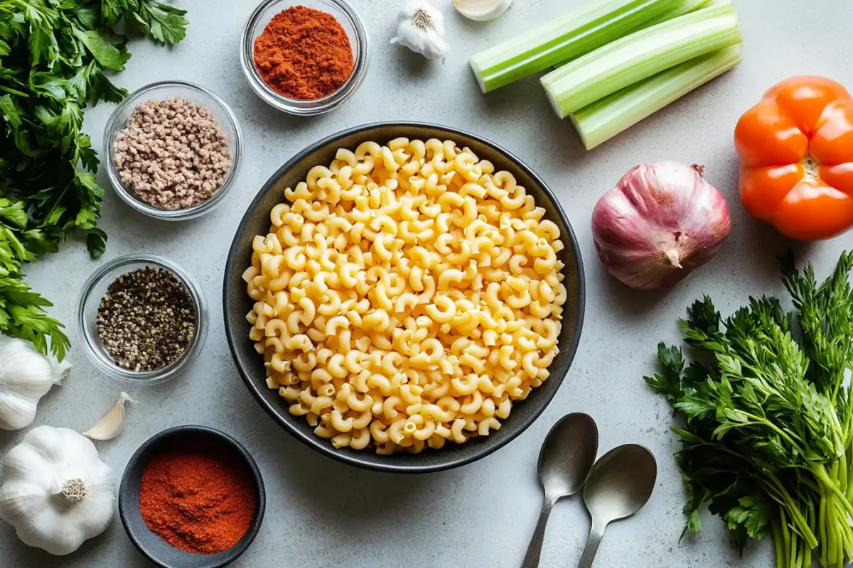 Ingredients displayed for making Hearty Beef and Macaroni Soup