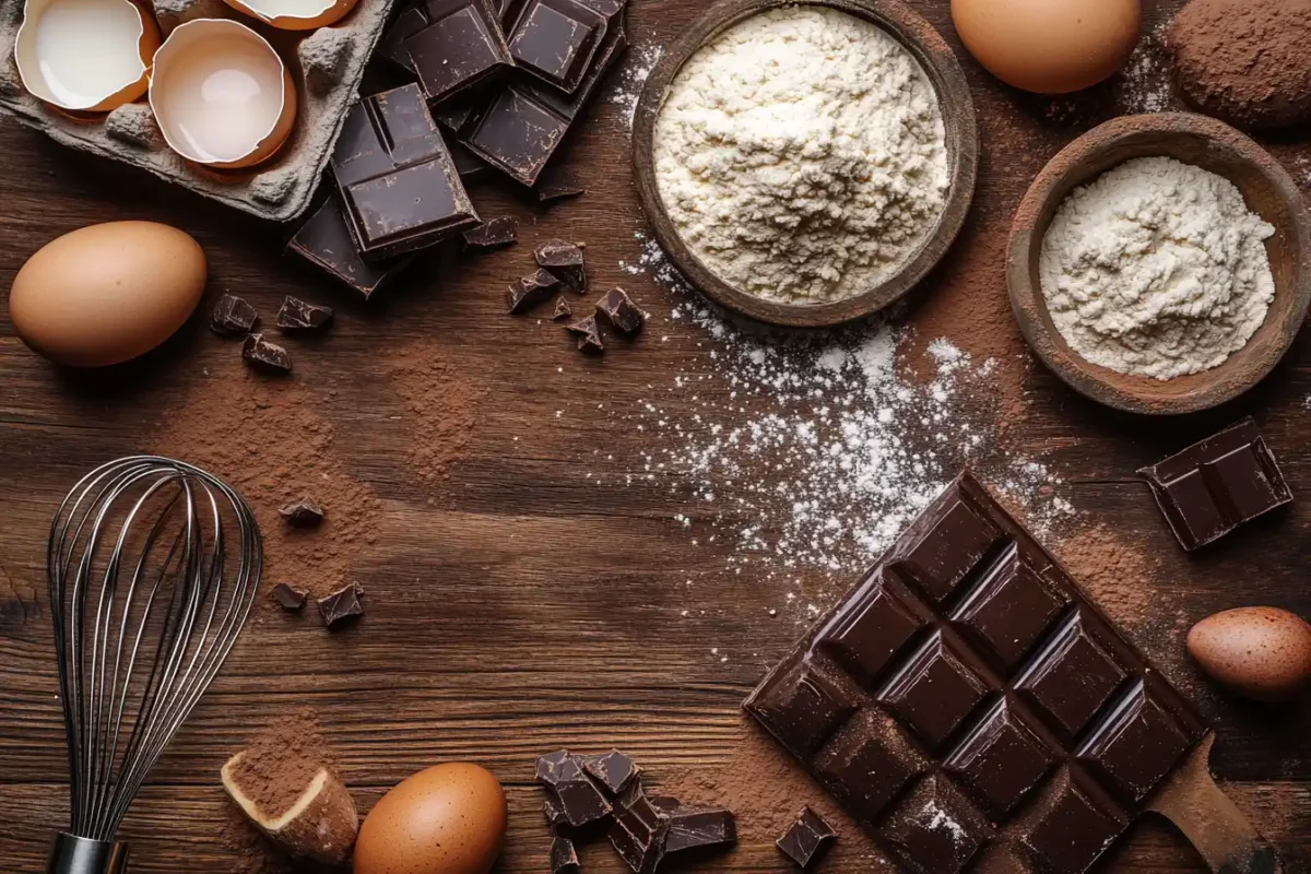 Ingredients for Chocolate Marble Brioche including chocolate, flour, eggs, and butter