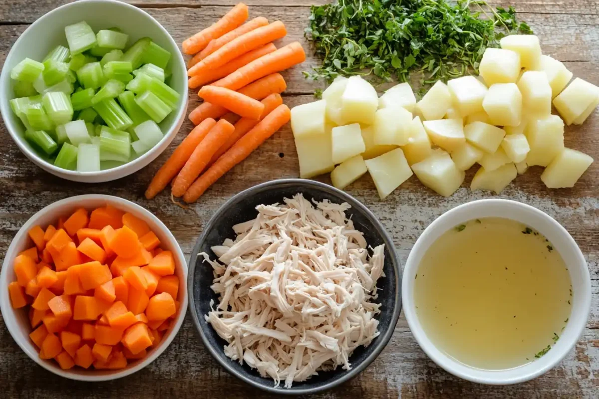 Fresh ingredients for chicken potato soup recipe on a rustic table