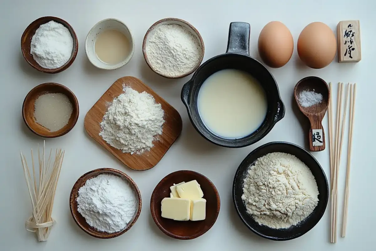 Japanese milk bread sandwich ingredients including flour, milk, butter, eggs, and tangzhong paste